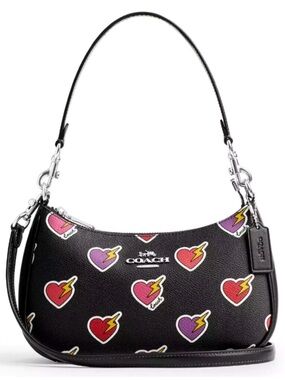 Coach CY346 Teri Shoulder shoulder crossbody Bag w Heart Bolt Print Black - EUC